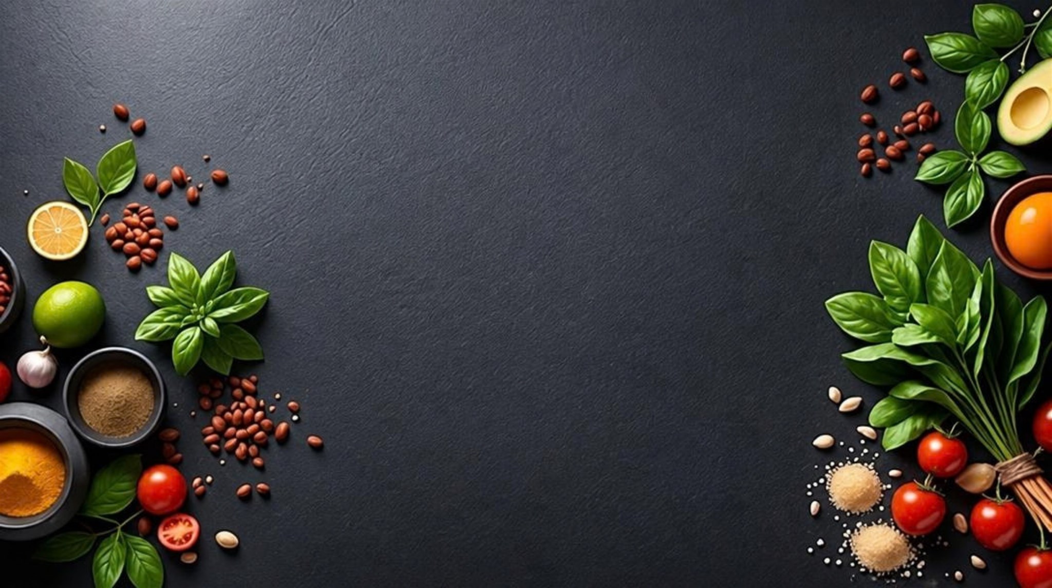 Fresh herbs, vegetables and spices arranged around a dark background